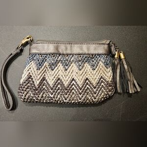 Big Buddha Woven Chevron Clutch with Tassel - Black, Blue and Gray